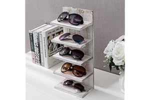 MyGift 5-Tier Vintage Whitewashed Wood Sunglasses Holder for Home Wall Organizer and Retail Display Case