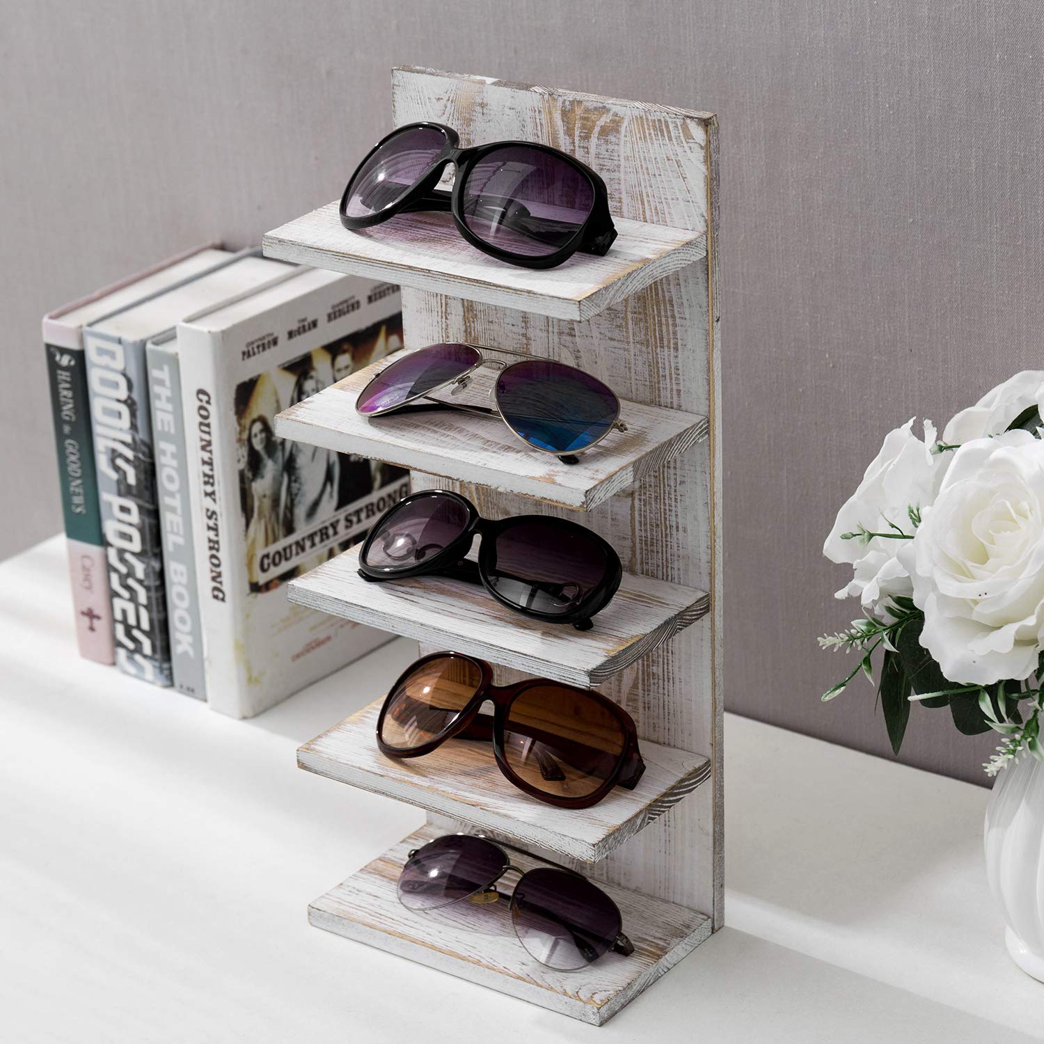 Photo 1 of MyGift 5-Tier Vintage Whitewashed Wood Sunglasses Holder for Home Wall Organizer and Retail Display Case