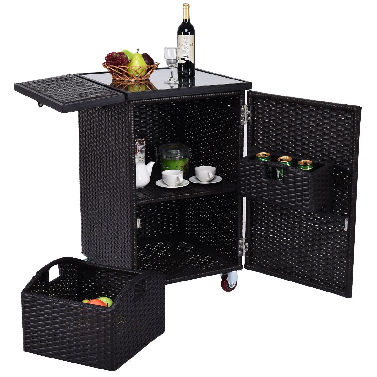 Lotus Analin Rattan Wicker Kitchen Trolley Cart Patio Roller Dining Storage Glass Stand