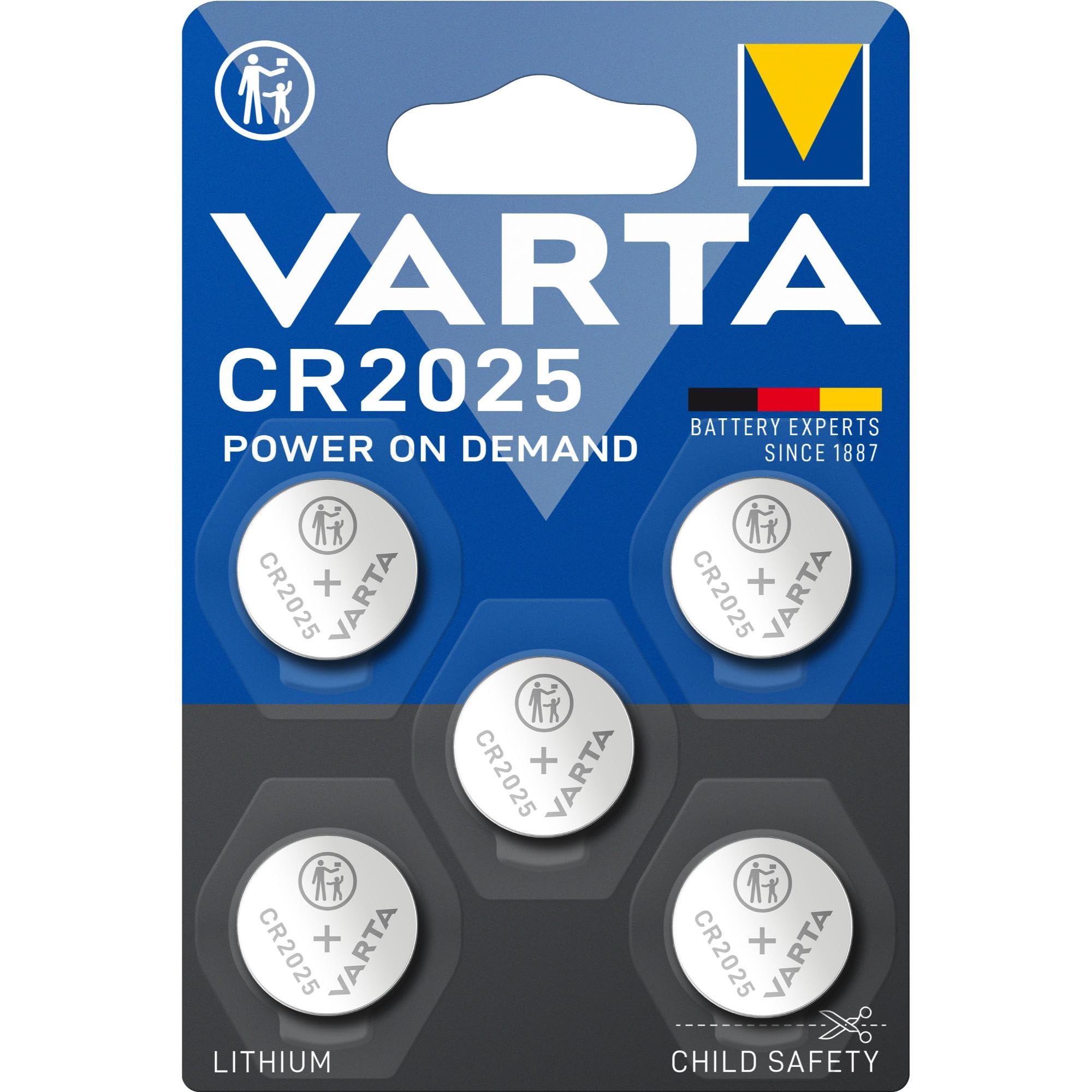 VARTA Batteries Electronics CR2025 Lithium button cell 3V battery 5-pack, Button cells in original blister pack of 5