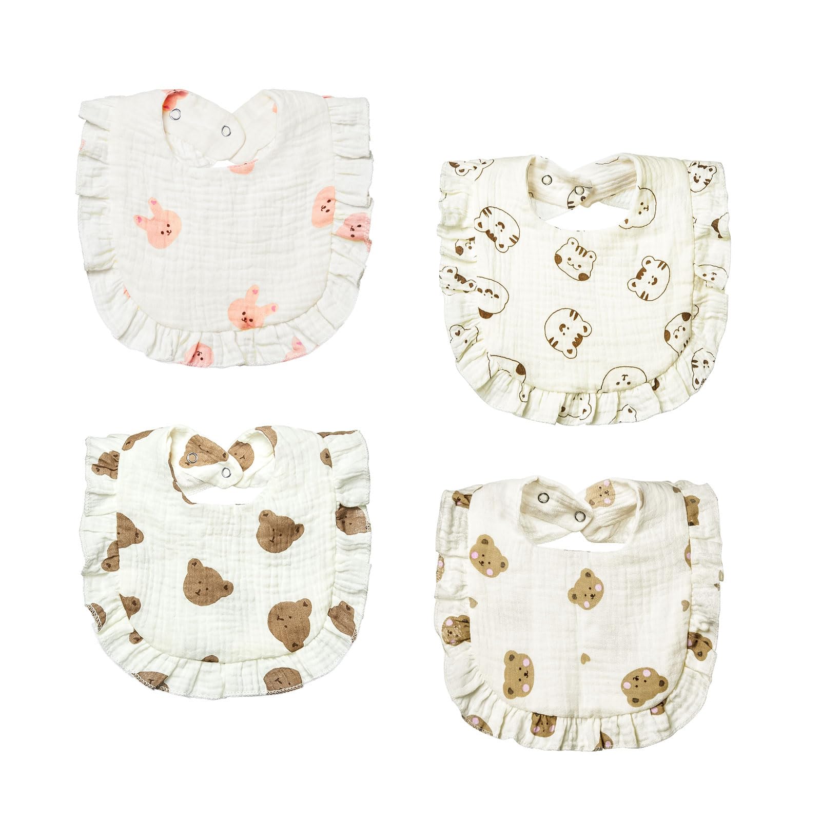 Lictin Muslin Baby Drool Bibs, 4-Pack Baby Bandana Drool Bibs Cotton Unisex, Snap Muslin Bibs for Boys Girls, Absorbent & Soft for Teething and Drooling White Pattern