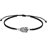 AeraVida Nocturnal Guardian Owl .925 Sterling Silver Charm on Black Adjustable Bracelet | Sterling Silver Charm Bracelet for Women | Black Adjustable Bracelet for Women