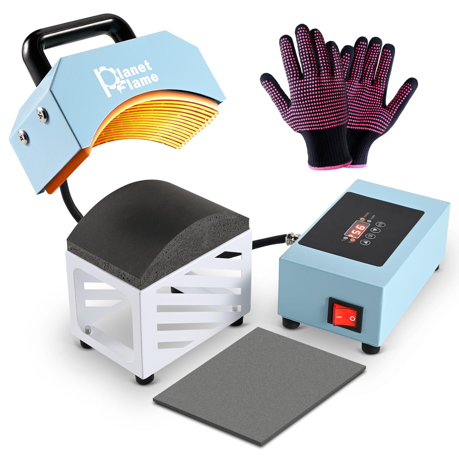 Photo 1 of PlanetFlame Hat Press, Mini Hat Press Heat Machine for Caps Hats with 5.4" * 3.1" Curved Teflon Coated Heat Plate & Safety Base for Heat Transfer Vinyl, Sublimation and DIY Projects, Blue White