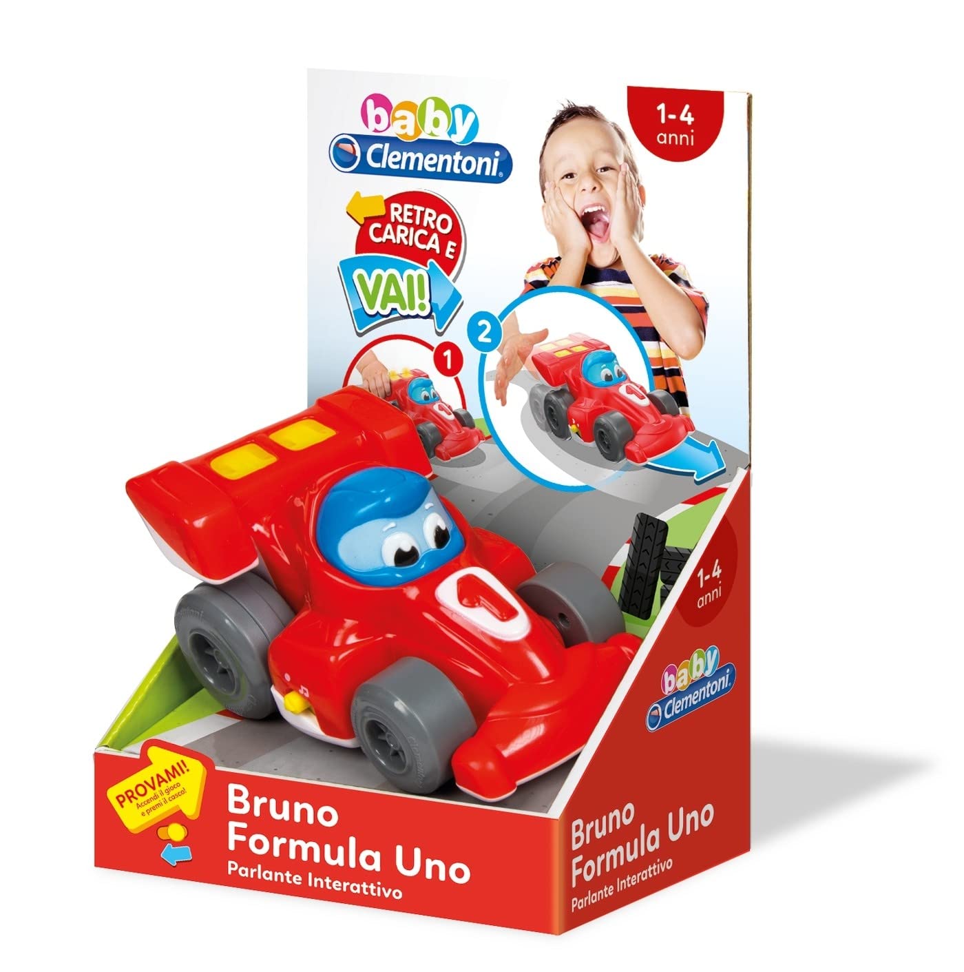 Baby Clementoni - Bruno Racing Car, Child Car 1-4 Years, Early Childhood Game, Talking Machine with Sound and Led, Stimulates Manuality and Visual-Auditory Perception, Italian Language, 17216