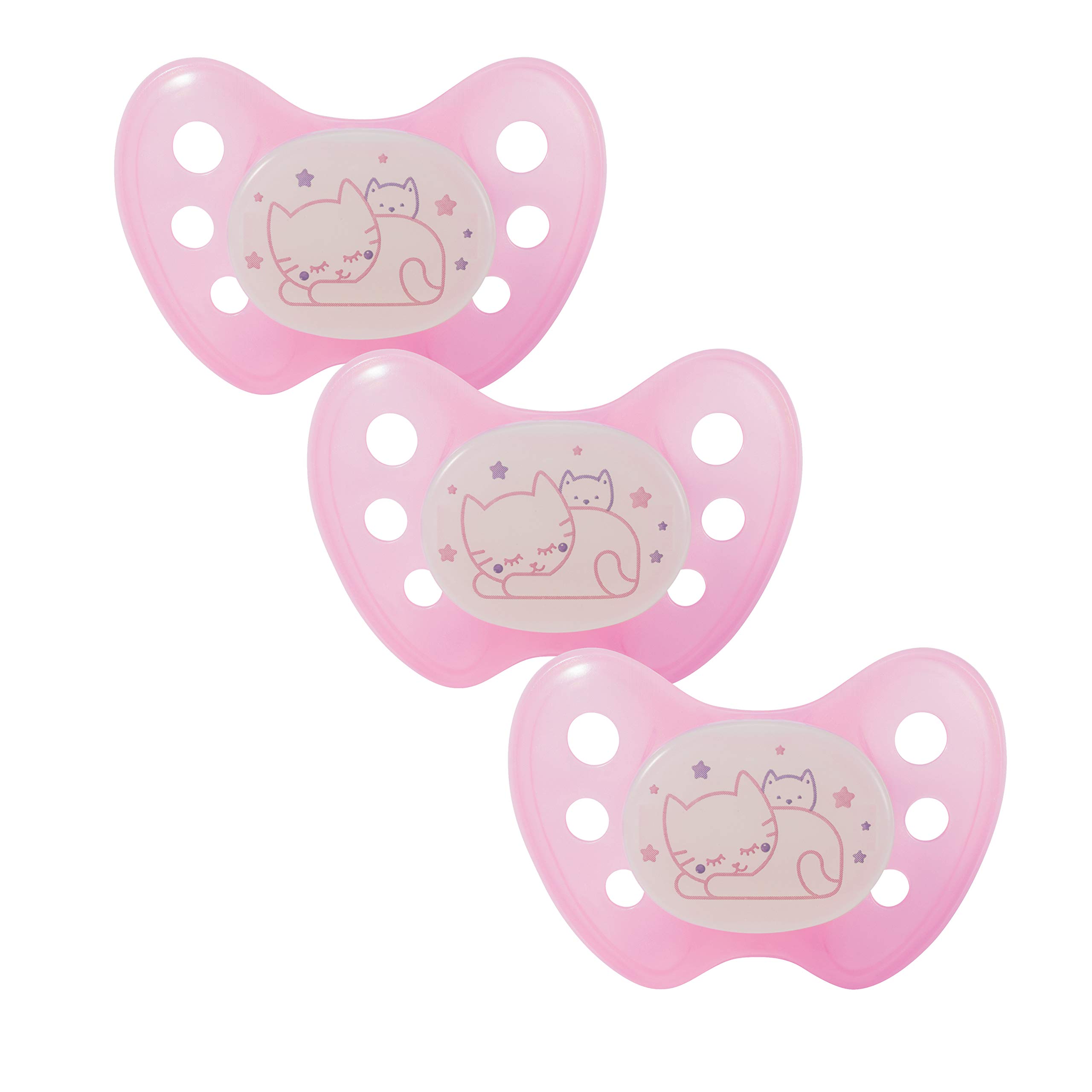 dentistar Night Silicone Soother Set of 3 - Size 1, 0-6 Months - Silicone Soother with Dental Step - Glow in The Dark Baby Dummy - Made in Germany - Cat, Pink