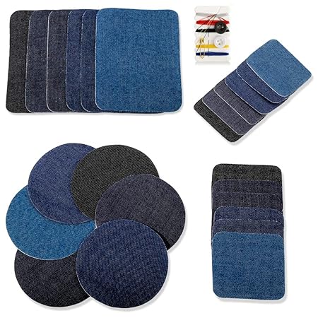 Thinkcase Patches zum aufbügeln, 24 Stück Patch Sticker Denim Baumwolle 4 Farben 4 Größen+1Stück Nähzeug für Jeans DIY Kinder