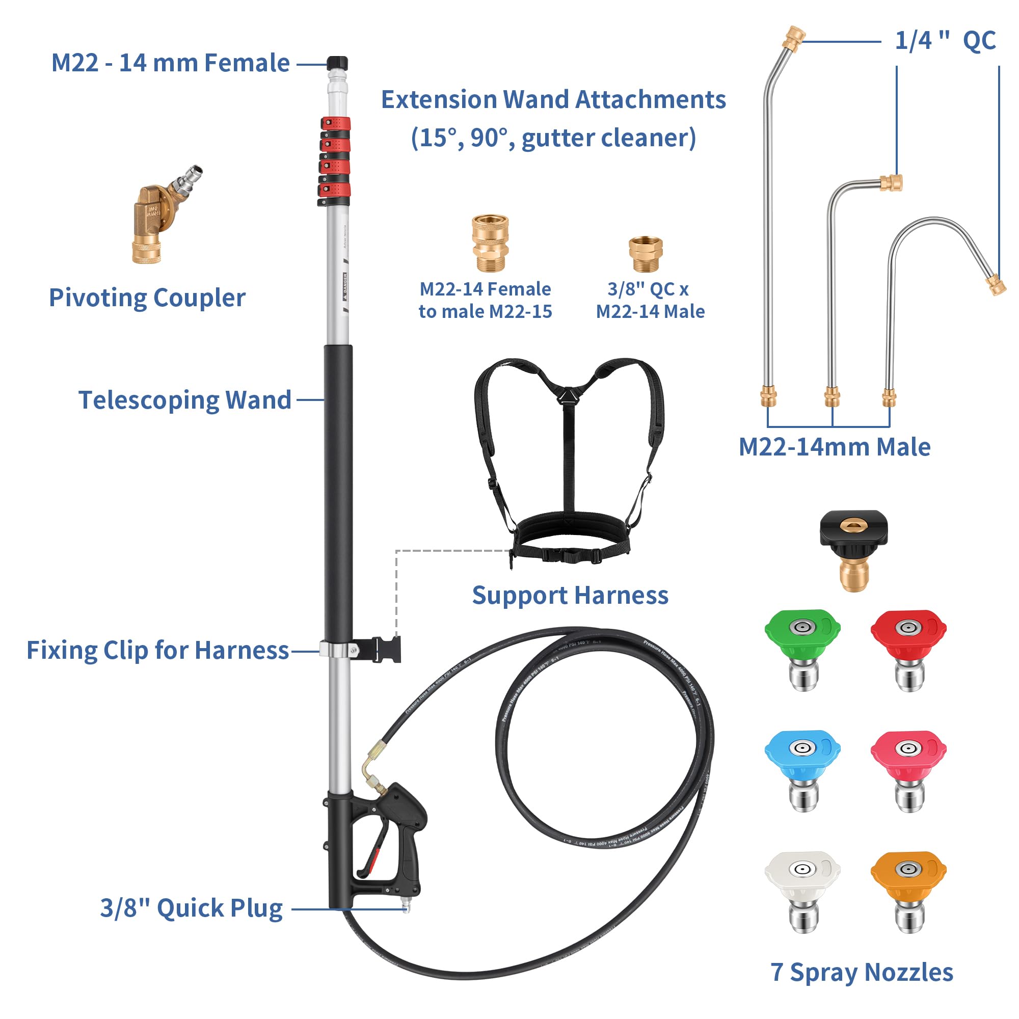 24 FT Pressure Washer Telescoping Wand - High Pressure Washer Wand Included Power Washer Extension Wands, Gutter Cleaner, 7 Spray Nozzle Tips, 2 Hose Adapters and Support Belt