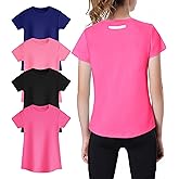 EXARUS 4 Pack Girls Athletic Shirts Quick Dry Shirts Short Sleeve T Shirts Tee Workout Activewear Tops for Tween