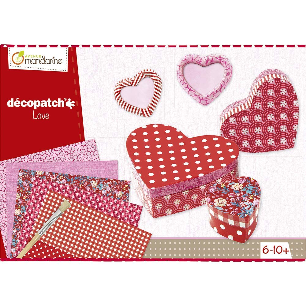 Avenue Mandarine - Ref 42718O - Décopatch Creative Box - Love & Hearts - 5 x Heart Maché Objects, Brush, Glue & 3 x Papers - Full Instructions Supplied, Suitable for Ages 6-10+