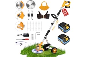 DENQIR Electric Weed Wacker Cordless Weed Eater Battery Powered 21V, 4-in-1 Brush Cutter/String Trimmer/Grass Trimmer/Lawn Mower, 6 inch Lightweight Edger Stringless Weed Trimmer with Wheel & Blade,2 Battery