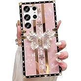 Changjia for Samsung Galaxy S25 Ultra Glitter Kickstand Case,Cute Bling Sparkly Butterfly Foldable Stand Floral Marble Mirror Elegant Shockproof Women Girls Protective Case for Galaxy S25 Ultra, Pink