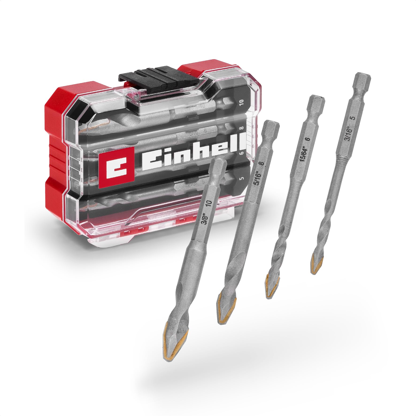 Original Einhell XS-CASE 4-Piece Carbide Tile Drill Bit Set (Made of Tool Steel, Specially Ground Carbide Plate, Centre Point, E 6.3 Shank Incl. Storage Box)