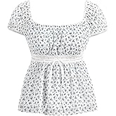 RoseSeek Women's Bow Tie Ditsy Floral Peplum Shirts Lace Cap Sleeve Ruched Coquette Tops