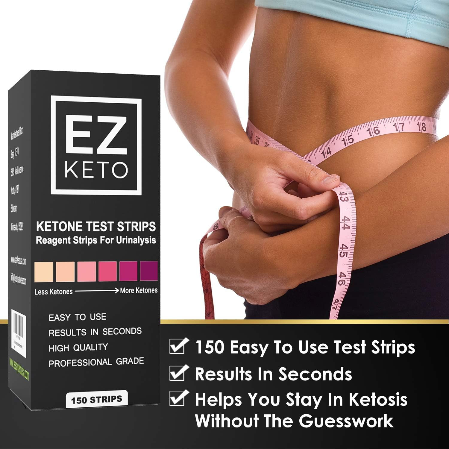 Easy Keto Ketone Testing Strips: For Urinalysis 150 High Grade Test Sticks Accurately Measure Urine Level For Ketones Perfect For Ketogenic Paleo Low Carb and Atkins Diets and Monitoring Ketosis: Health & Personal Care