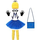 ZapLute 7Pcs Girls Yellow Costume Accessories Set Kids Halloween Cosplay Outfit with Beanie Goggles Gloves Suspenders Tutu Skirt Socks Crossbody Bag