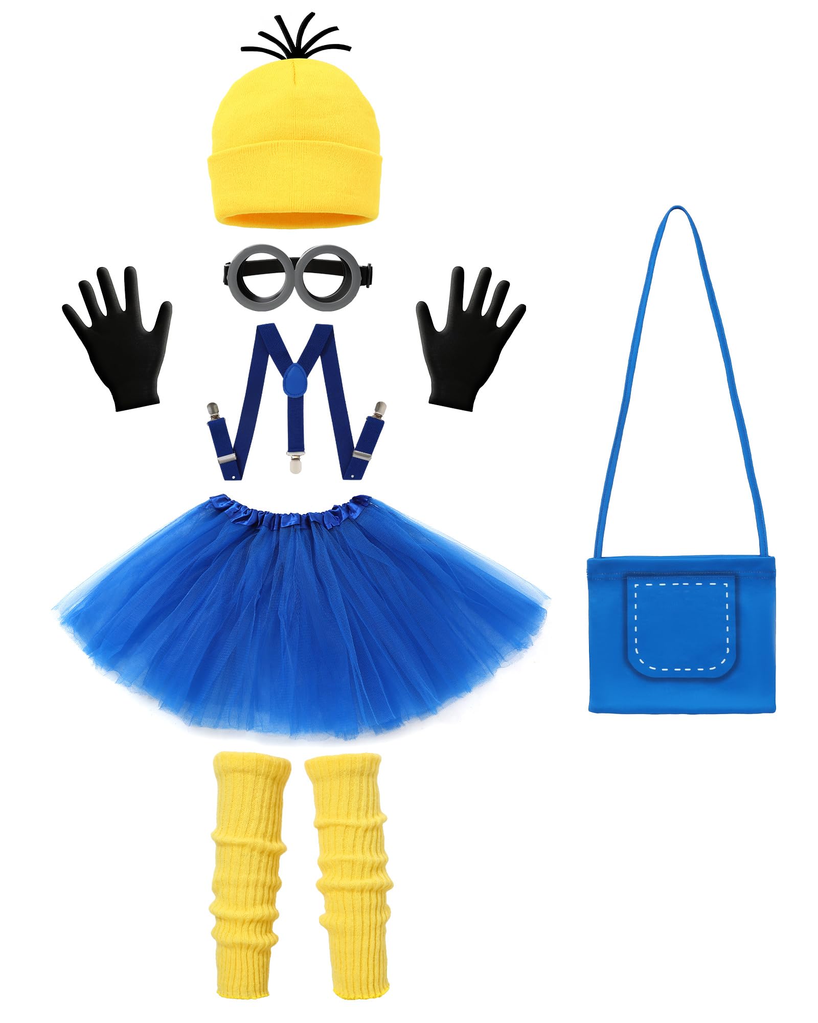 Photo 1 of ZapLute 7Pcs Girls Yellow Costume Accessories Set Kids Halloween Cosplay Outfit with Beanie Goggles Gloves Suspenders Tutu Skirt Socks Crossbody Bag