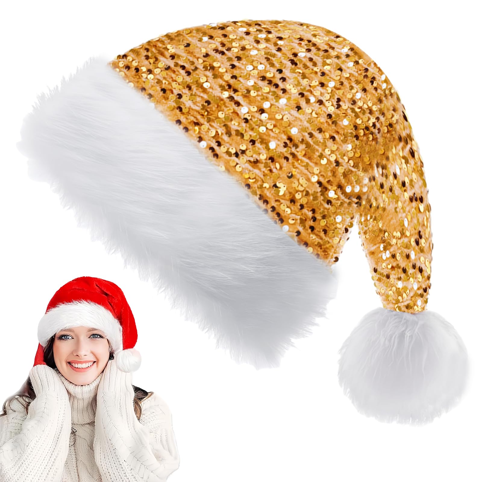 Gold Sequin Santa Hat Christmas Hat for Kids,Adults,30*45cm Luxury Xmas Hat Plush Santa Claus Hat,Unisex Christmas Party Hat,Father Christmas Hat Costume Gifts for Women,Men Xmas New Year Party Hat โ image 1