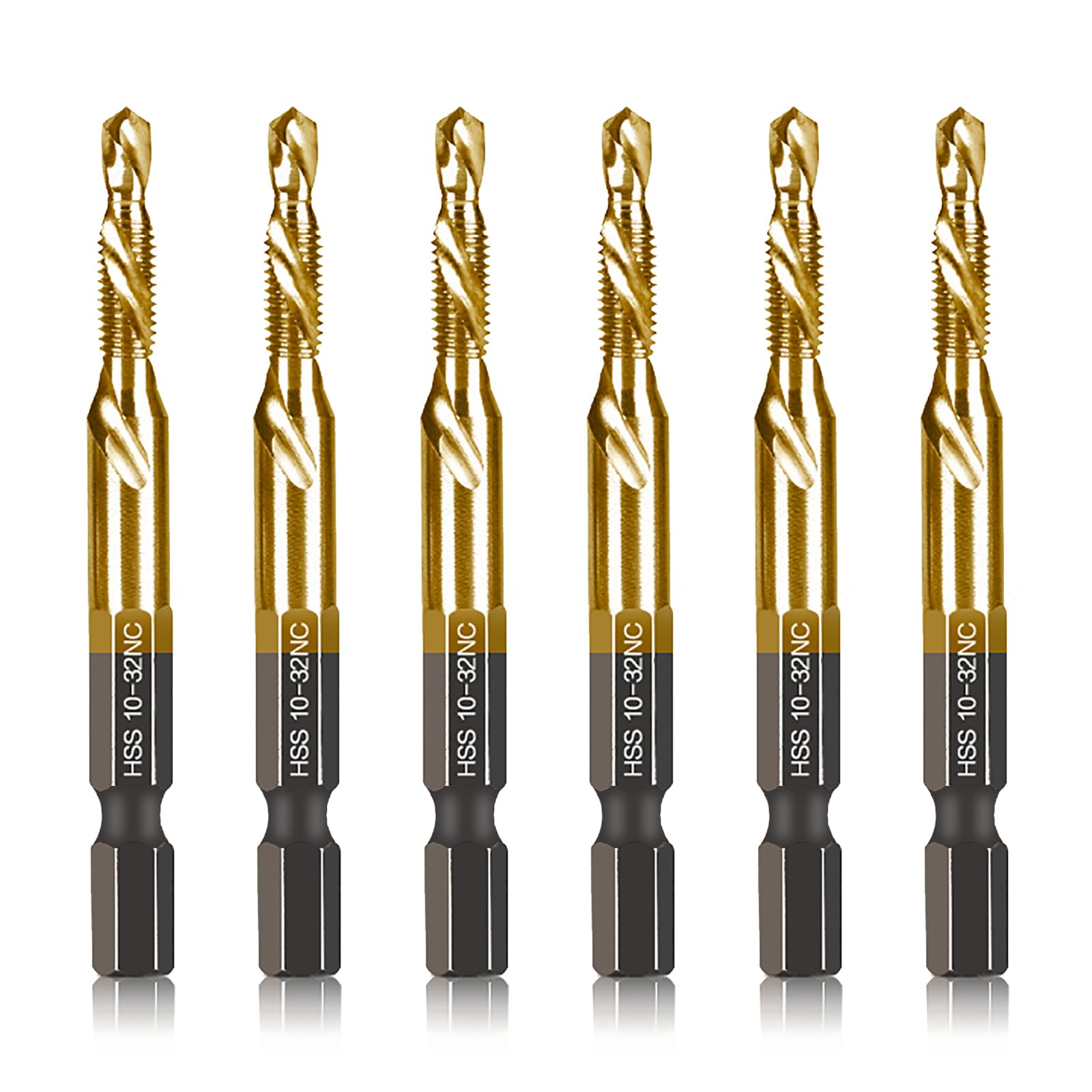 Photo 1 of 6-pc 10-32NC Combination Drill Tap Bit Set SAE, 10-32NC Thread Size, Titanium Coated High-Speed Steel, Ideal for Drilling Threading and Countersinking in Soft Metal Wood and Plastic, 1/4” Hex Shank