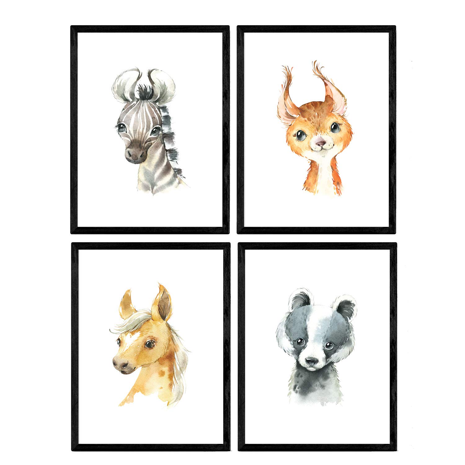 Nacnic Pack of four sheets with illustrations of animals. Posters with children's animal pictures. raccoon zebra horse and deer. A4 unframed โ image 1