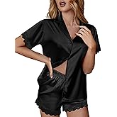 Ekouaer Womens Lace Satin Pajama Set Button Down Pj Shorts Set Bridesmaids Getting Ready Outfits Casual Sleepwear XS-XXL