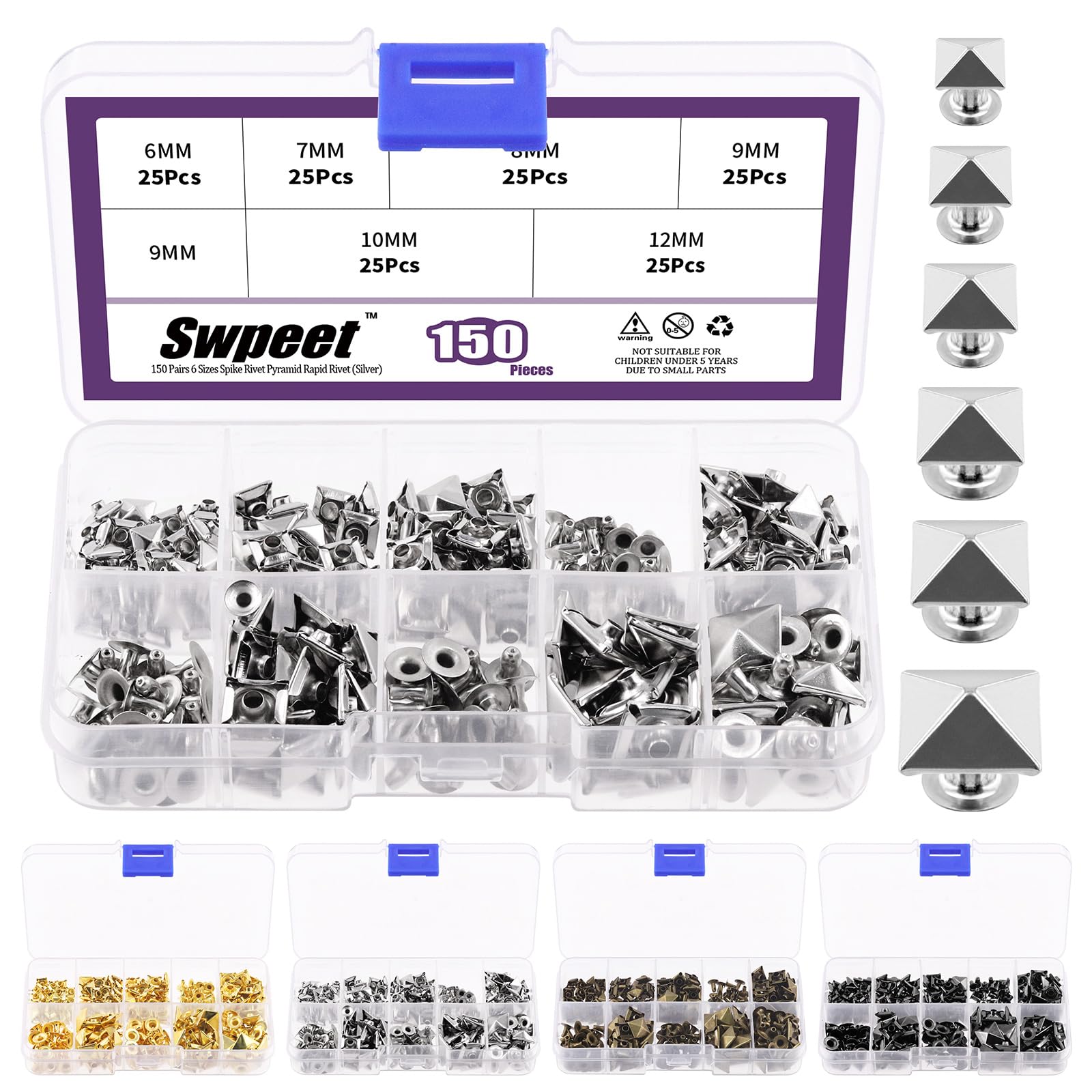 Swpeet 150Pcs 6 Sizes 6mm/7mm/8mm/9mm/10mm/12mm Silver Spike Rivet Pyramid Rapid Rivet Studs Kit, Square Rivets Metal Pyramid Fits for Bag Leather Clothing Shoes Rivet Handicraft DIY Punk