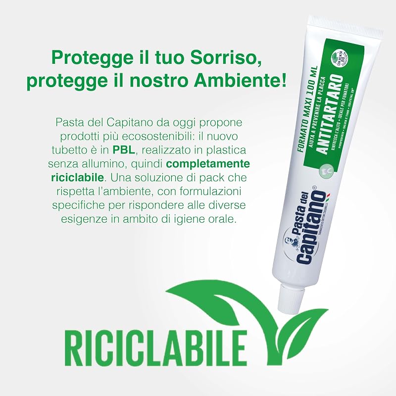 Pasta del Capitano, Dentifricio Antitartaro Bio, Dona Freschezza e Rinfresca l'Alito, Ideale per i Fumatori, Aiuta a Prevenire la Placca, 100% Made in Italy, Tubetto da 100 ml