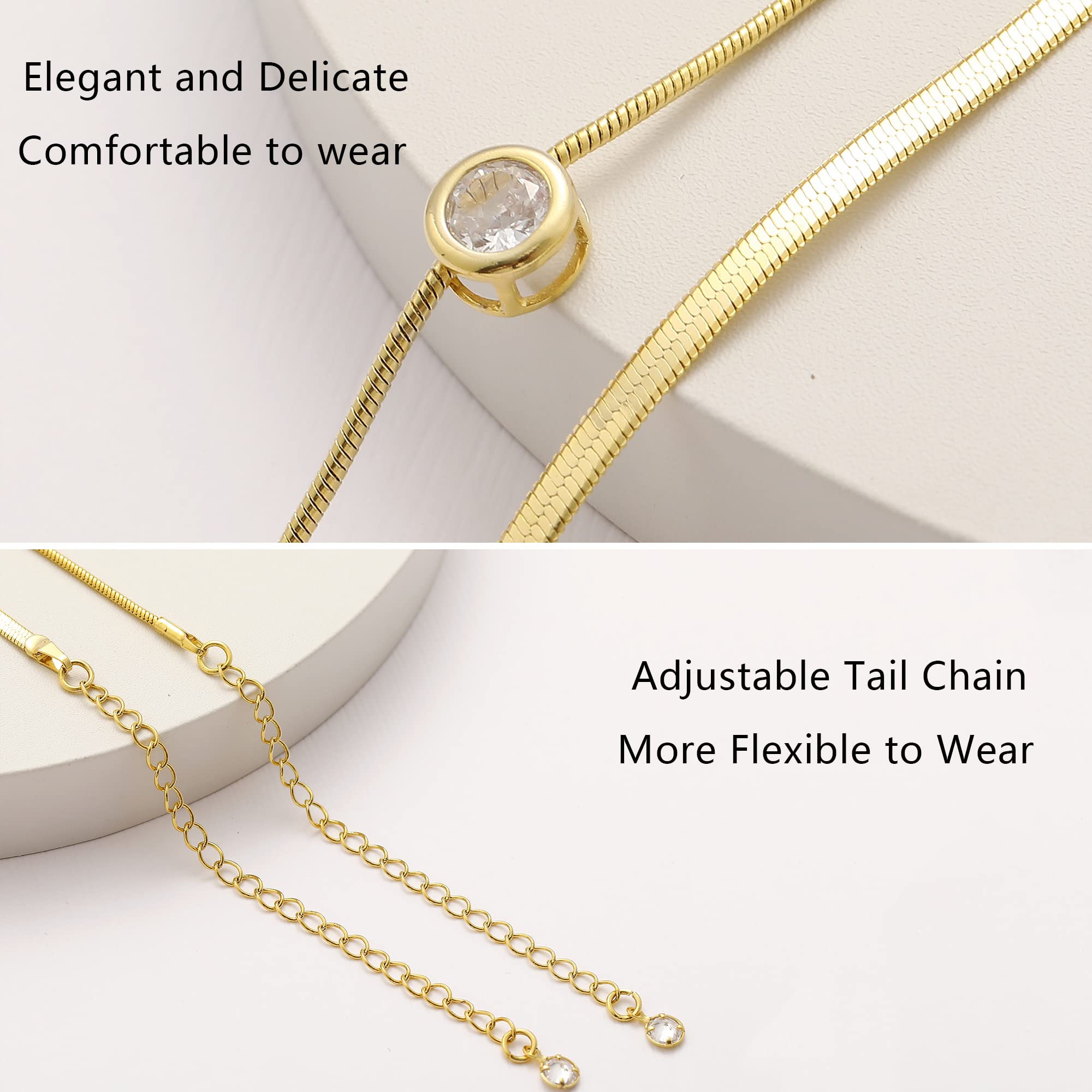 17 MILE Gold Layered Choker Necklace for Women, 14K Real Gold Plated CZ Pendant Necklace, Dainty Flat Snake Chain Layering Necklace for Gift