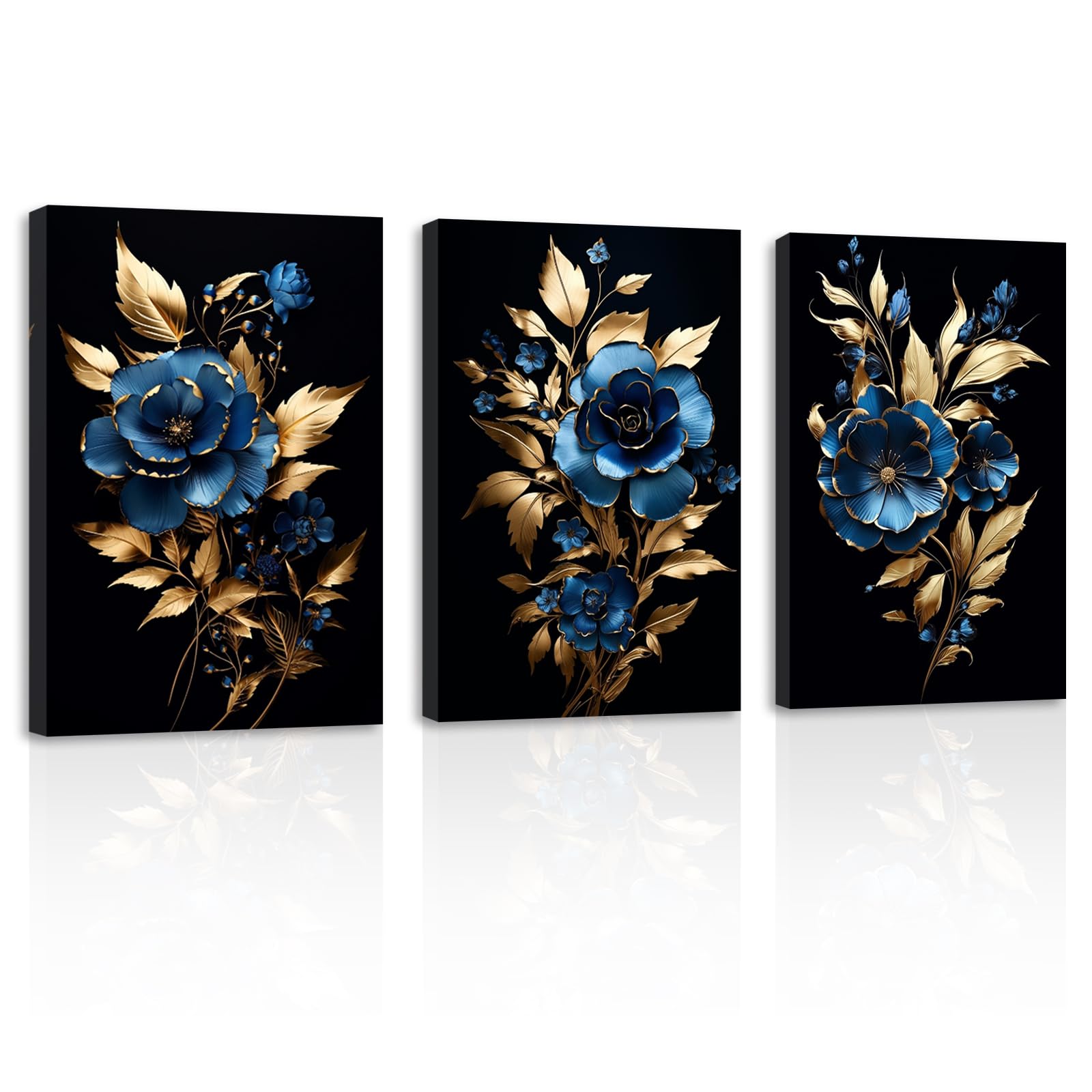 ZXHYWYM Navy Blue Decor 3 Pieces Black Golden Rose Picture Abstract Blue and Gold Flower Artwork Canvas Prints for Living Room Office Home Decor(1, (12.00" x 16.00" x 3PCS))