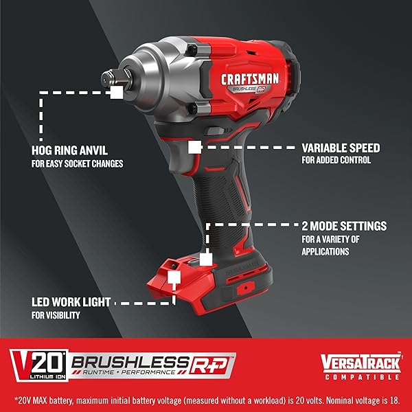 CRAFTSMAN V20 CORDLESS IMPACT WRENCH, 1/2 INCH, BARE TOOL ONLY (CMCF921B)