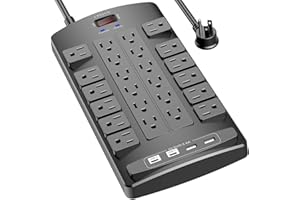 QINLIANF Surge Protector Power Strip - 6Ft Flat Plug Heavy Duty Extension Cord with 24 Outlets and 4 USB Ports(2 USB-C Ports), 1875W/15A, 4100J, for Home, Office, Dorm, ETL Listed, Black