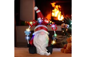 BUARO8AGA Christmas Statue Decorations Tabletop, 10" Lights Up Gnomes Red Handicraft Resin Sculpture with Multi-Colored LED Lights Xmas Holly Figurine Indoor Decor Gift for Holiday, Battery Powered