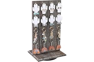 Ikee Design Wooden Rotating Two-Sided Jewelry Display Stand, Rotating Organizer with 32 Hooks for Store, Earring Display with Hooks, KeyChain Display, Coffee color, 9 W x 7.5 D x 16.5 H in