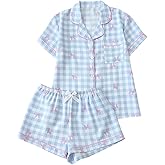 BEAUDRM Women's 2 Piece Plaid Pajama Sets Bow Print Short Sleeve Button Down Shirt and Shorts Lounge Set Pjs