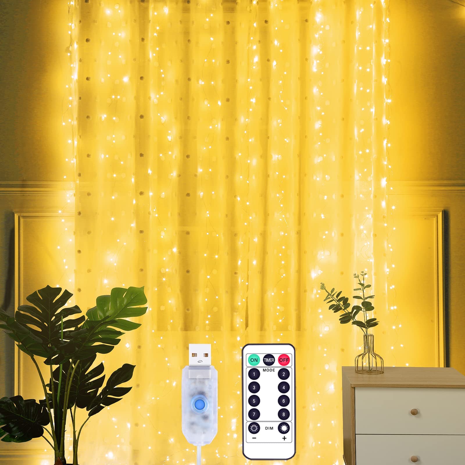 Yizhet Curtain Lights 3m x 2m, 200 LED Curtain Fairy Lights, 8 Modes, Warm White, USB Powered with Remote Control & Timer, IP65 Waterproof for Christmas Wedding Party