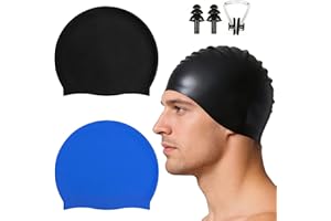 Silicone Swimming Cap, 2PCS Swim Cap for Men Women, Soft High Elasticity Swimming Hat with Ear Plugs & Nose Clip Set