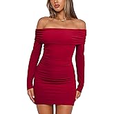 OWIN Women's Fall Off The Shoulder Ruched Bodycon Mini Dress Long Sleeve Ribbed Knit Fitted Club Party Dresses