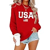 Dressmine Womens USA Shirt Casual Long Sleeve Graphic Tees Knit Crew Neck Sweatshirts Loose Pullover
