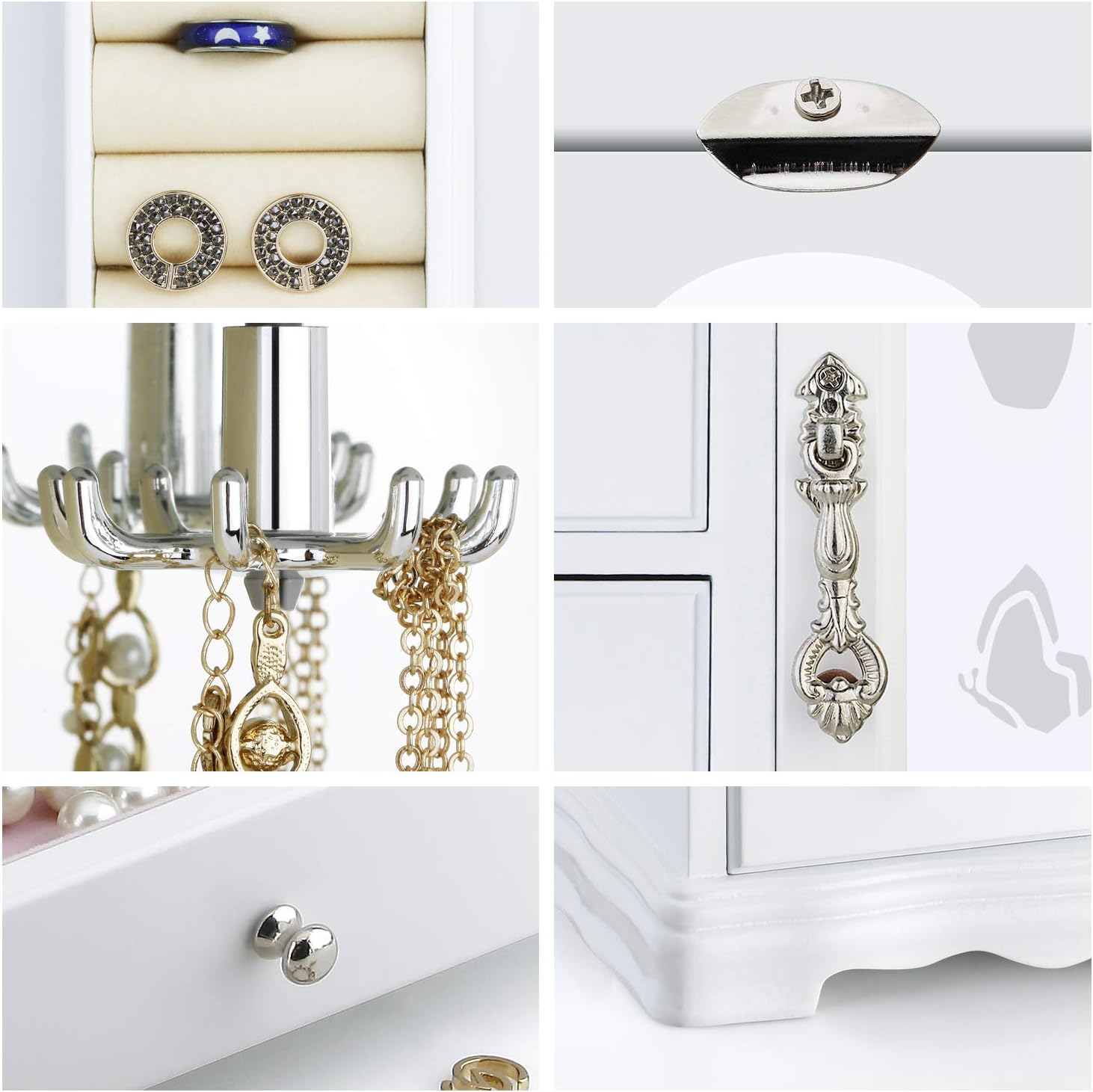 Jewelry Box - Made of Solid Wood with 4 Drawers Organizer and Built-in Necklace Carousel and Large Mirror White: Home Improvement
