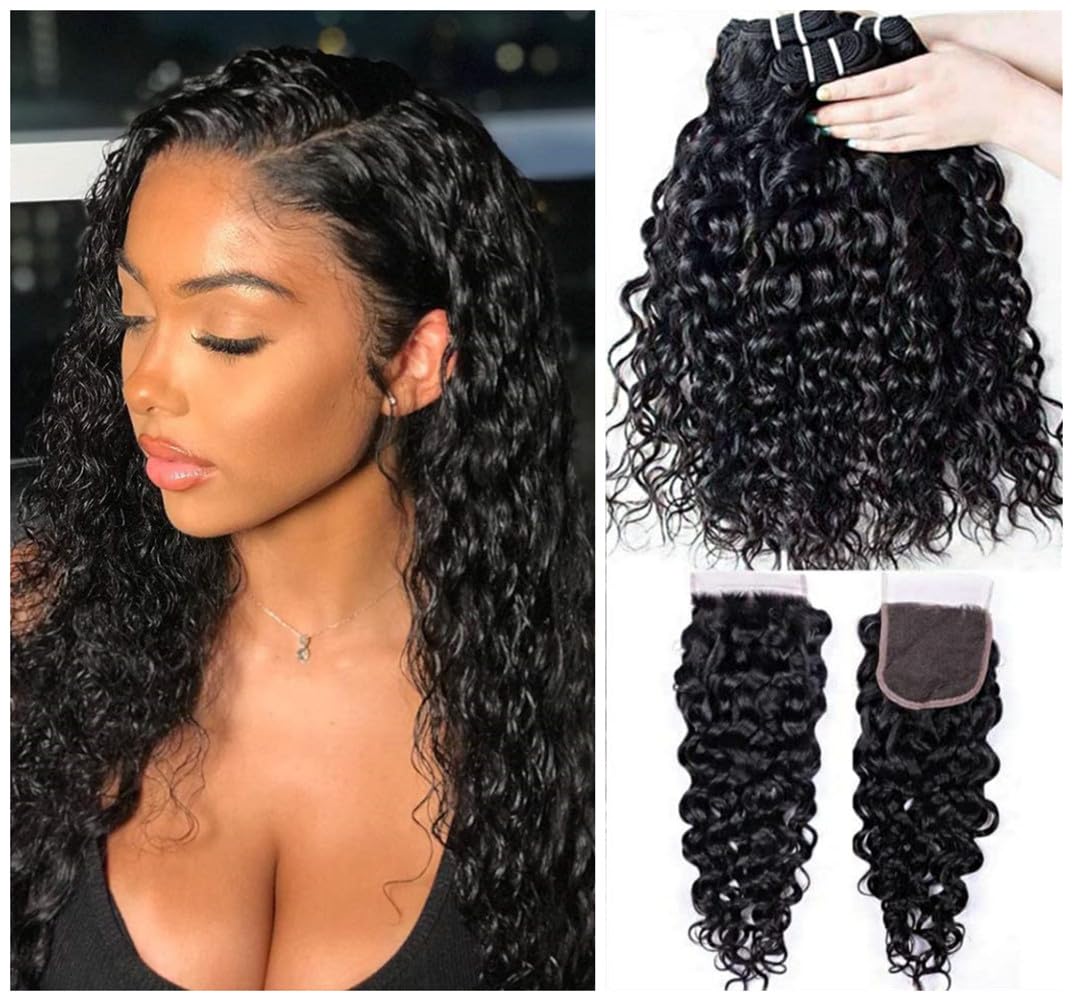 12A Water Wave Bundles with Closure Brazilian Virgin Wet and Wavy Human Hair 3 Bundles with Closure 100% Unprocessed Curly Human Hair Extensions 12 14 16 +10 Curly Human Hair Bundles With Closure