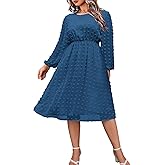 IN'VOLAND Women's Plus Size Swiss Dot Long Sleeve Chiffon Dress Flowy High Waist A Line Ruffle Babydoll Midi Dresses 16W-24W