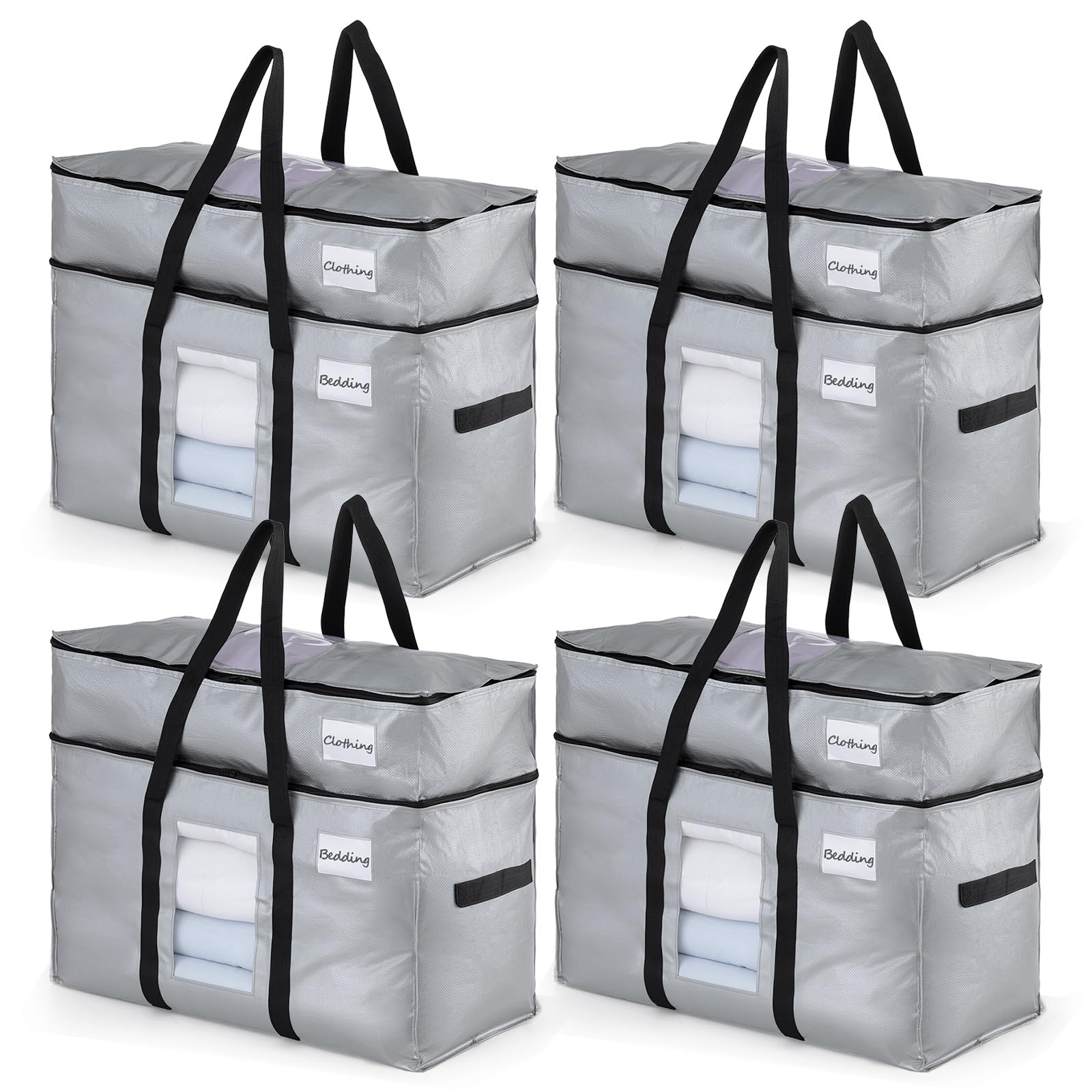 TAILI 2 Tier Extra Large Moving Bags, 4 Pack Silver Heavy Duty Totes for Storage with Visible Window, Wrap Around Handles, Storage Bags for Space Saving, Alternative to Moving Boxes Image