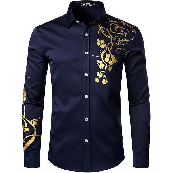 ZEROYAA Men's Floral Print Long Sleeve Button-Down Shirt - Cotton Casual Dress Shirt, XX-Large