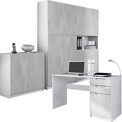 Vladon Ensemble De Meubles De Bureau Armoire Commode Rangement Logan Corps En Blanc Mat Facades En Aspect Beton Oxyde Vladon Amazon Fr Cuisine Maison