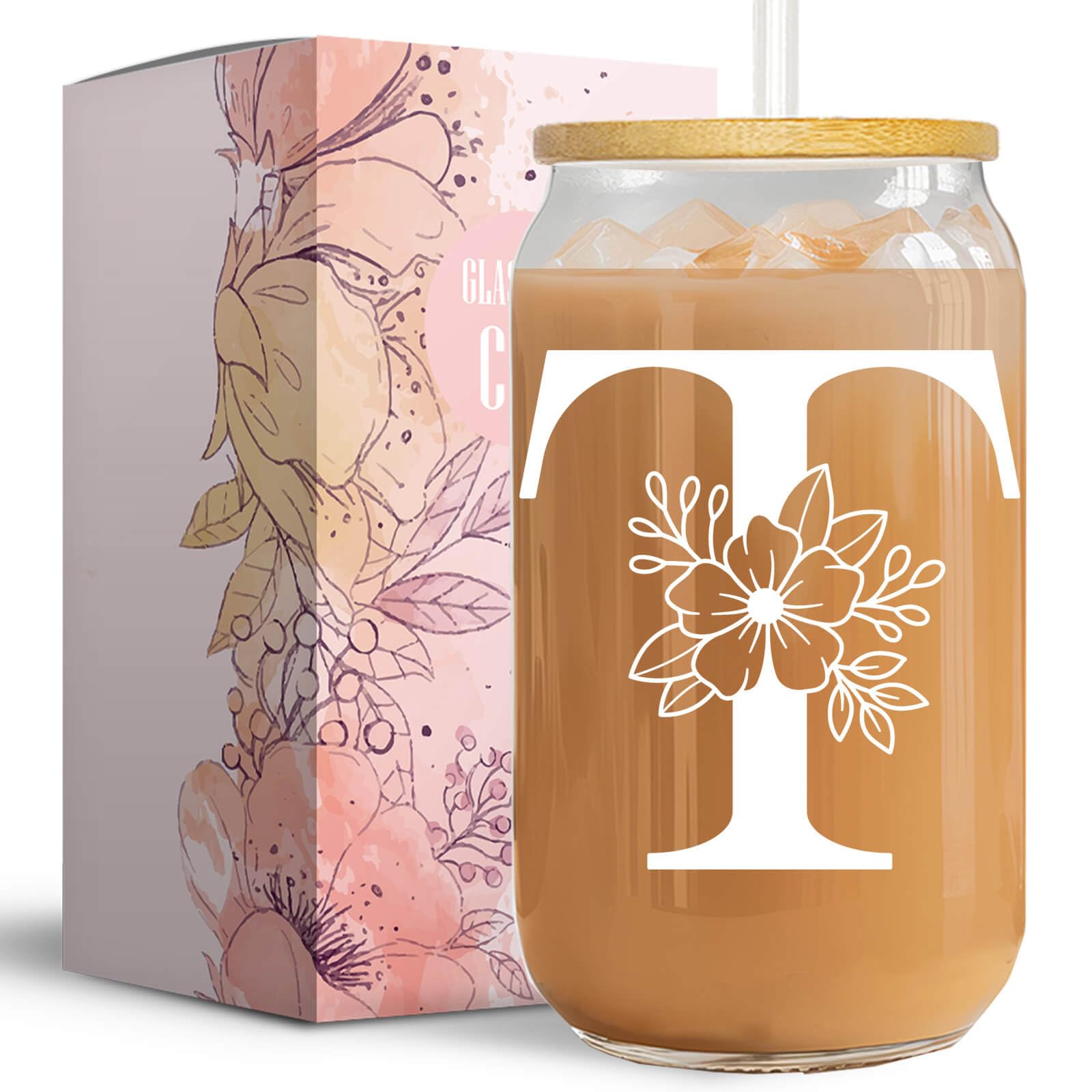Vanteen Initial Glass Cup, Monogrammed Gifts for Women, 16 oz Glass Cups with Lids and Straws, Coffee Smoothie Beer Glass Personalized Christmas, Birthday Gifts for Her Mom (T)