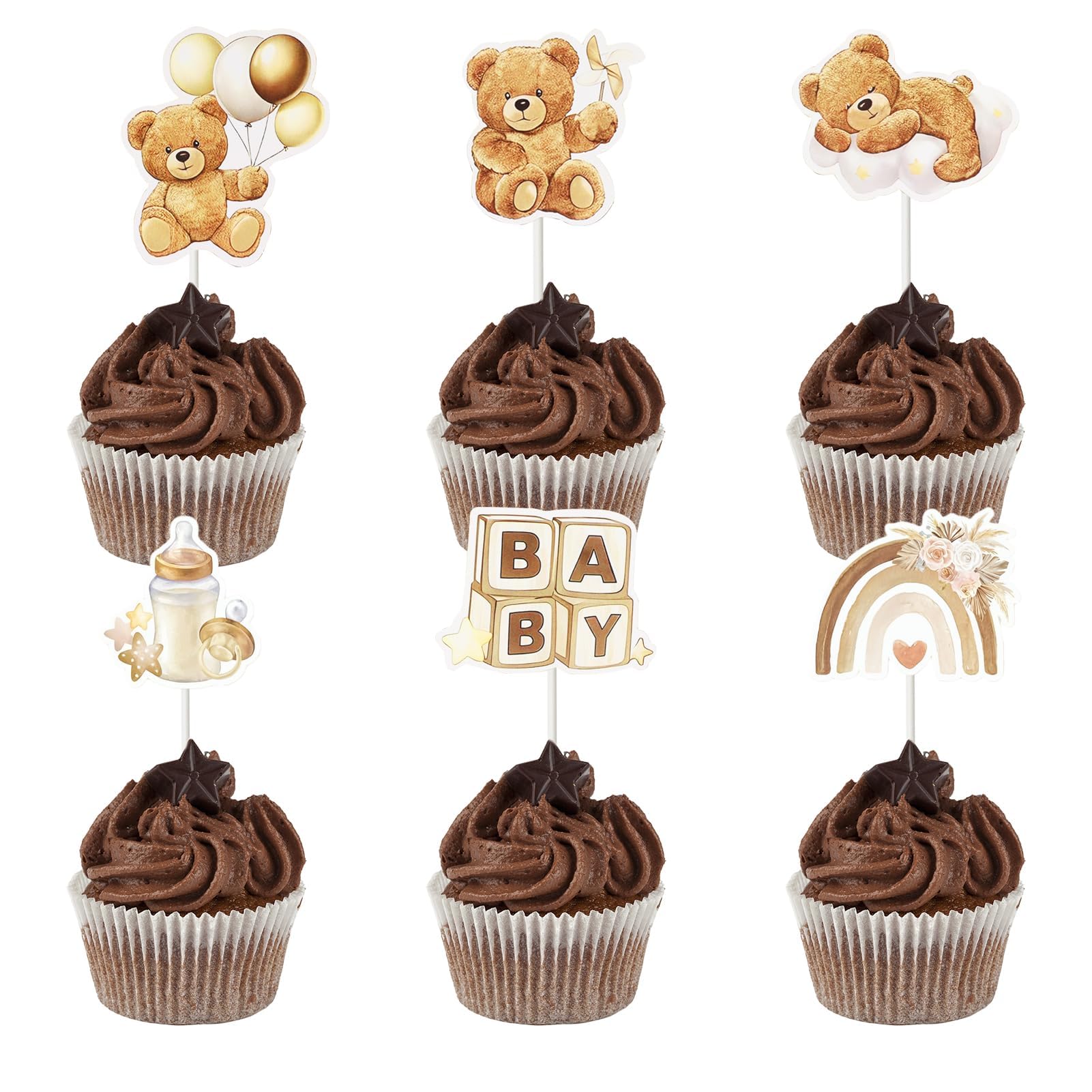 Baby Shower Bear Cupcake Toppers,24Pcs Brown Bear Cake Toppers Decorations for Baby Shower Birthday Luxury Teddy Bear Theme Party Supplies for Gender Reveal Kids Boys Girls