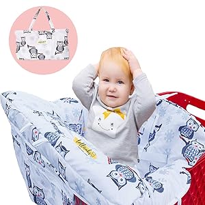 2 in 1 Deluxe Size Shopping Cart Cover and High Chair Cover | Premium-Quality Cushioned Seats with Pockets for Highchairs and Grocery Carts - Adjustable Baby and Toddler Harness - Unisex Owl Print