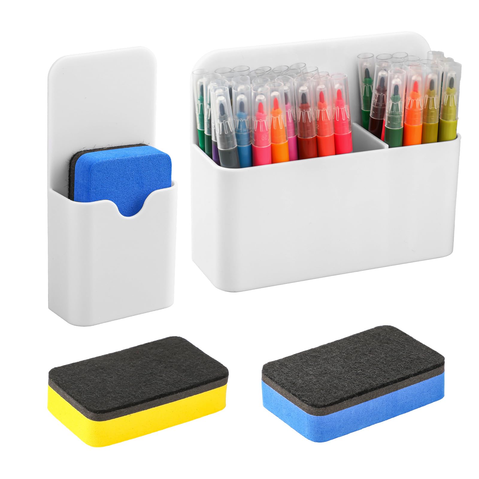 Jeffdad 2 Pcs Magnetic Pen Holder with Magnetic Blackboard Erase, Magnetic Dry Erase Whiteboard Marker Holder, White Magnetic Wall Pen Holder For Whiteboard Fridge Refrigerator Office Home(White)