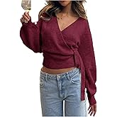 MakeMeChic Women's Cropped Sweaters Winter Wrap Christmas Sweater V Neck Tie Front Long Sleeve Knit Tops