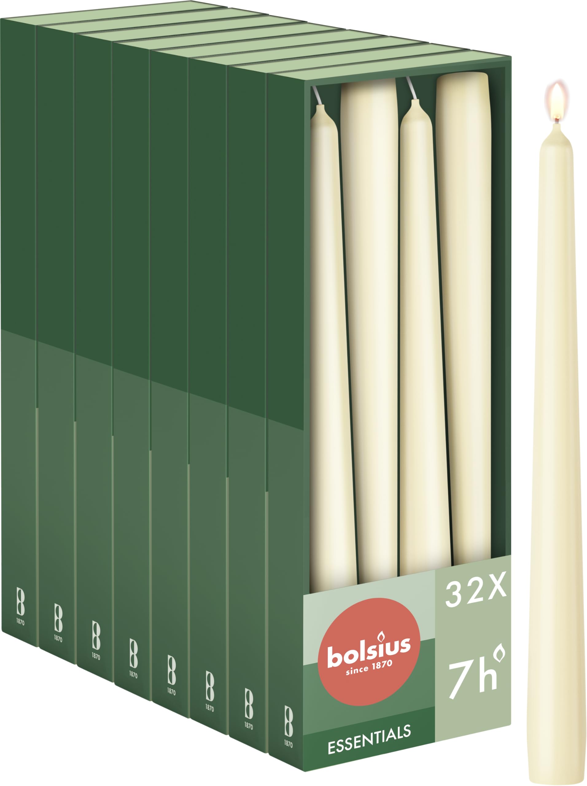 Bolsius Smooth Taper Candles - Ivory - Pack of 32 - Decorative Household Candles - Burning Time 7 Hours - Unscented - Contains Natural Vegan Wax - Without Palm Oil - 24.5 cm