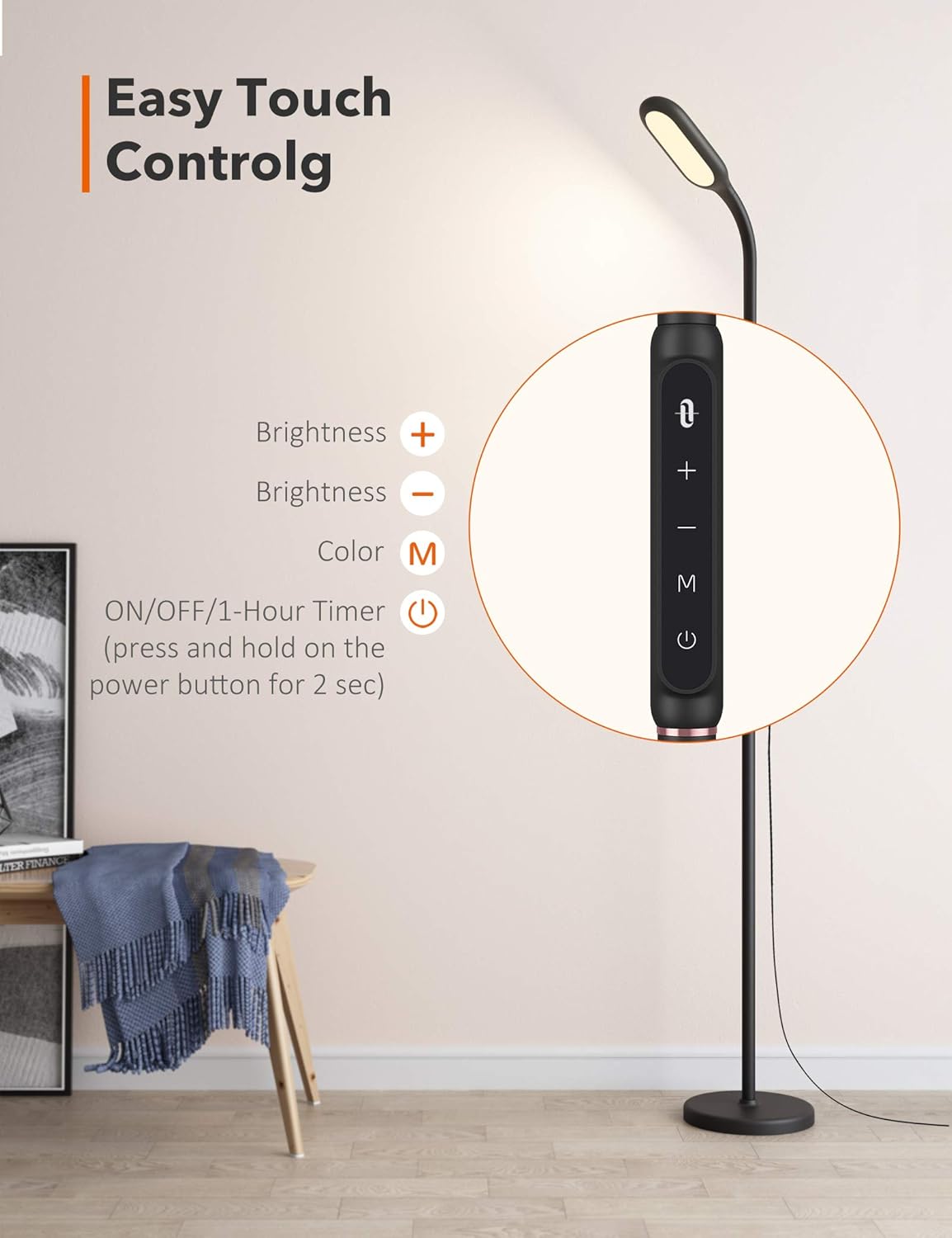 TaoTronics LED Floor Lamp 5 brightness levels & 3 colors, 1815 Lumens & 50, 000 Hours, Flexible Gooseneck Dimmable Floor Lamp for Reading Living Room, Touch Control, Philips Enabled Licensing Program - - 